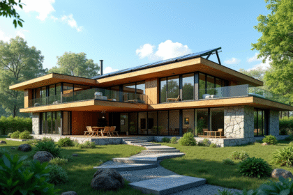 Maison écologique moderne avec panneaux solaires et grands fenêtres