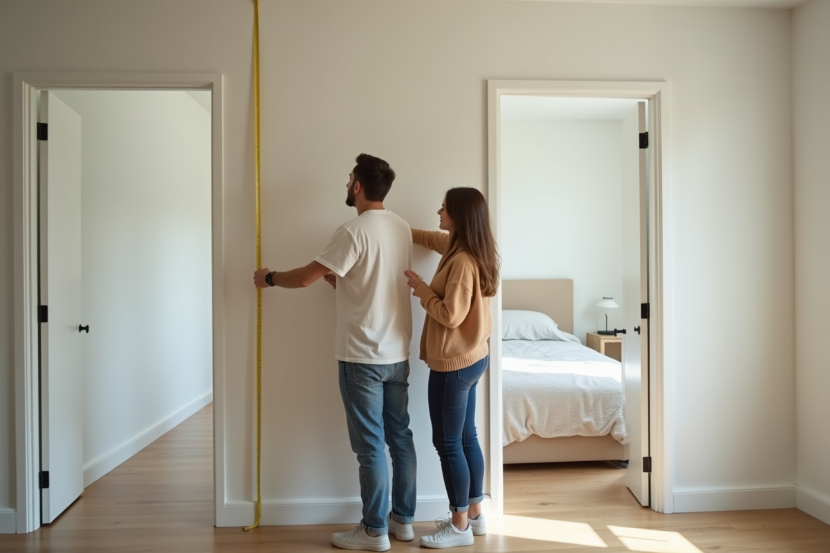 Jeune couple mesurant la largeur d