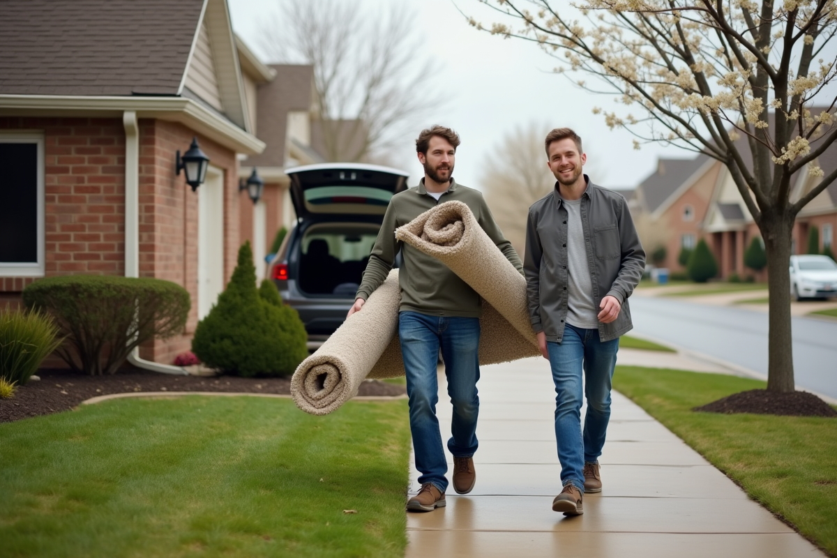 Pere et fils portant un tapis dans la rue devant une maison