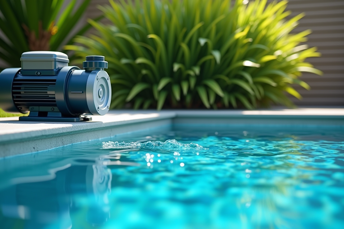Piscine moderne en été avec eau claire et plantes vertes