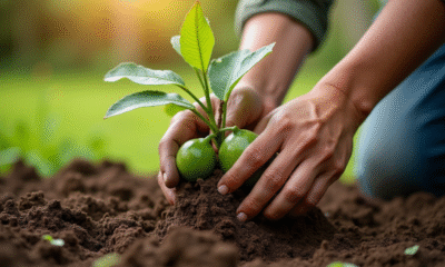 Mains de jardinier plantant un figuier dans un sol riche en plein soleil