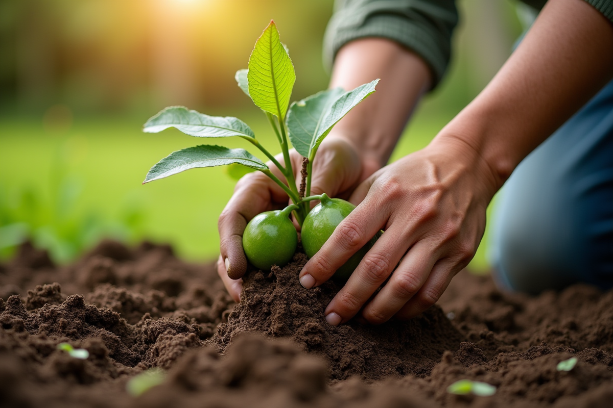 Mains de jardinier plantant un figuier dans un sol riche en plein soleil