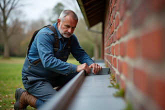 Hommes en overalls posant une gouttière en métal sur une maison