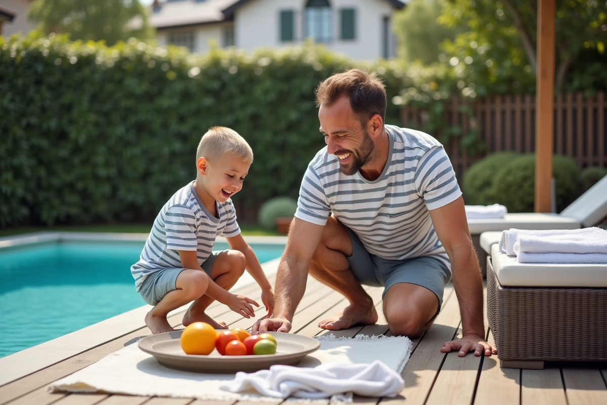 Père et fils partageant un moment autour de la piscine