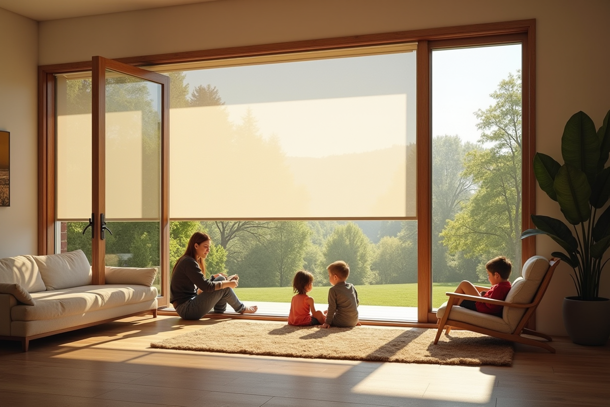 Salon moderne avec écran anti-insectes et famille relaxant