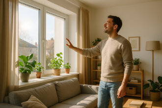 Salon moderne avec grandes fenêtres et lumière naturelle
