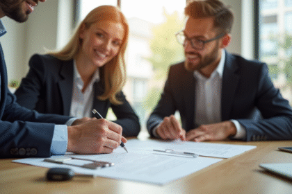 Couple signant un contrat de location avec un agent immobilier dans un bureau lumineux