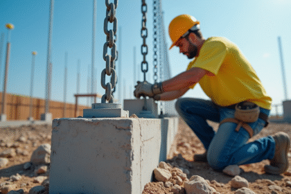 Ouvrier installant armature et blocs pour fondation maison