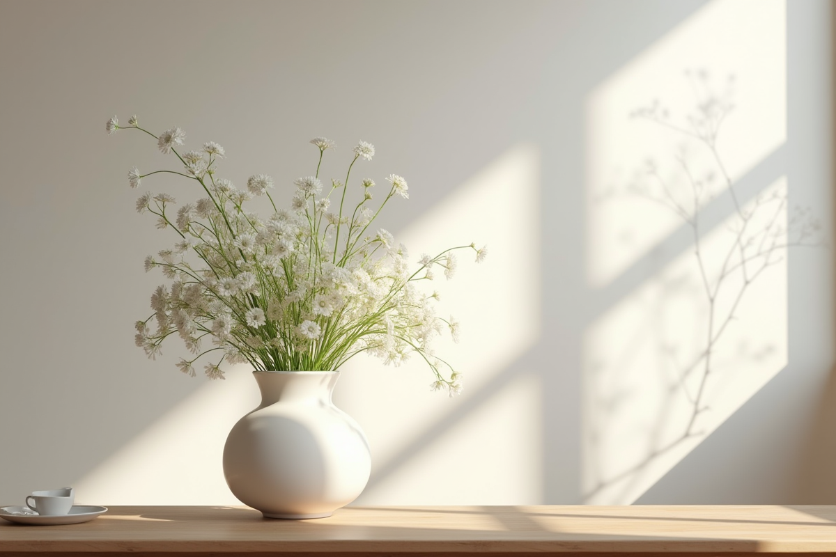 Vase blanc avec fleurs de vetch et valeriane dans une pièce lumineuse