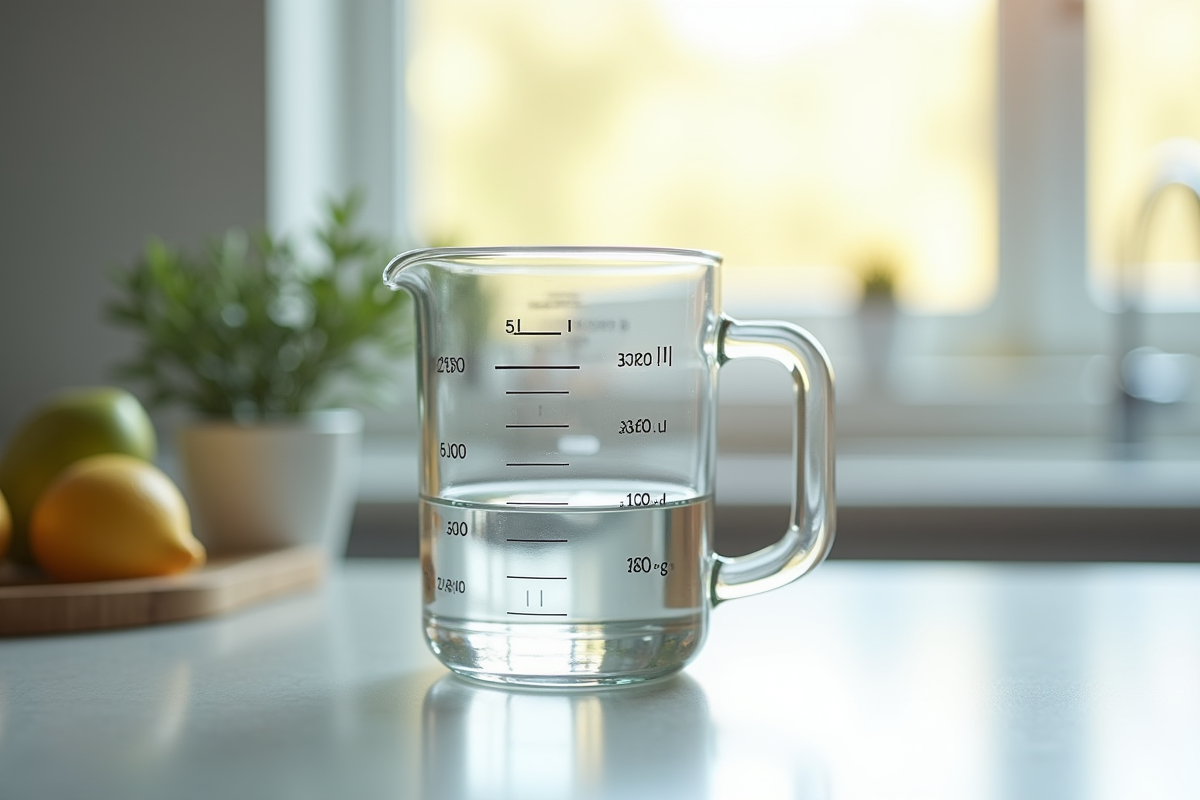 Verre mesureur avec 300g d'eau dans la cuisine